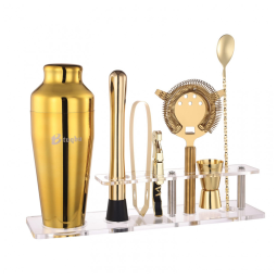 Kit Bartender Profissional 7 Peças em Aço Inoxidável com Suporte de Acrílico, Btuqbu, Dourado