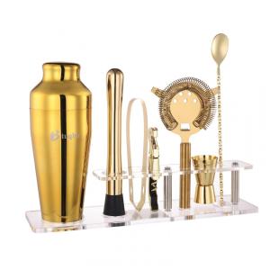 Kit Bartender Profissional 7 Peças em Aço Inoxidável com Suporte de Acrílico, Btuqbu, Dourado