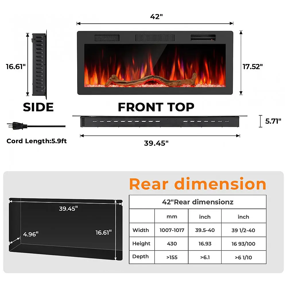 Lareira Elétrica R.W.FLAME 107x45cm 1500W WiFi Alexa Sons Embutir 110V — foto 2