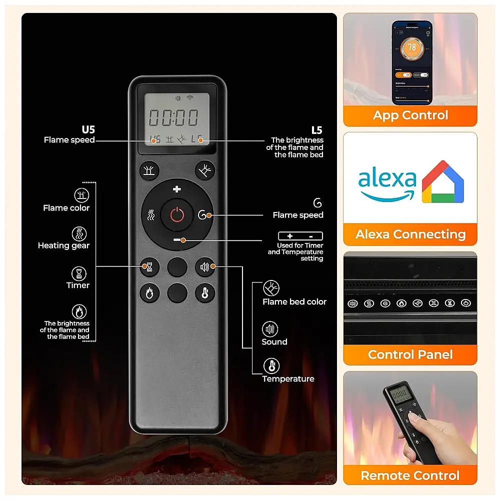 Lareira Elétrica R.W.FLAME 107x45cm 1500W WiFi Alexa Sons Embutir 110V — foto 3