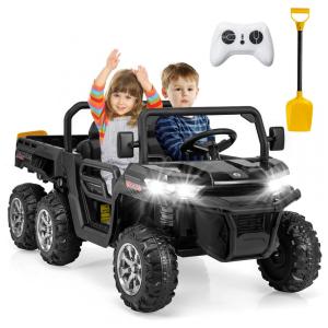 Caminhão Basculante Elétrico Infantil OLAKIDS Preto 24V 2 Lugares 4WD 6x6 Caçamba Elétrica Suspensão Controle Remoto 4x90W