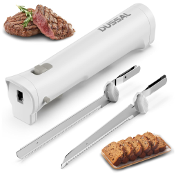 Kit de Facas Elétricas Recarregáveis D DUSSAL, 4 Lâminas Inox, Botão de Segurança e Liberação, Perfeito para Cortar Carnes, sem Fio.