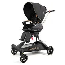 Carrinho de Bebê Dobrável com Design Giratório 360 °, Cesto de Armazenamento e Dossel à Prova d'água, BAKISU, Preto