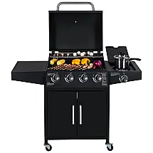 Churrasqueira a Gás 45.500 BTU com 4 Queimadores, 2 Portas e 1 Queimador Lateral em Aço Inoxidável, YU YUSING, Preto