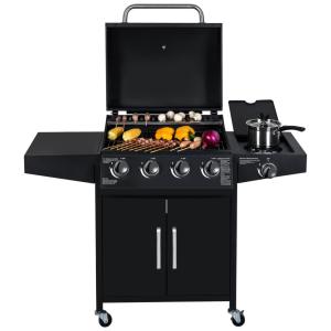 Churrasqueira a Gás 45.500 BTU com 4 Queimadores, 2 Portas e 1 Queimador Lateral em Aço Inoxidável, YU YUSING, Preto