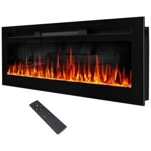 Lareira Elétrica de Embutir Espelhada A44x152L cm com Controle Remoto, Chamas Multicoloridas e Temporizador, 110V 1500W, Upesitom, Preta