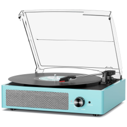 Toca-discos de Vinil Vintage com Bluetooth, 2 Alto-falantes, 3 Velocidades, Entrada AUX, Saída RCA, Fone de Ouvido - Azul Céu