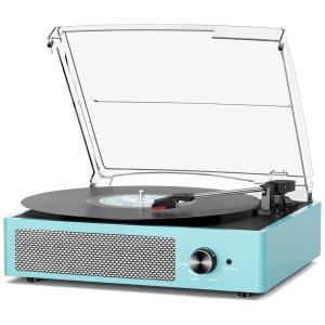 Toca-discos de Vinil Vintage com Bluetooth, 2 Alto-falantes, 3 Velocidades, Entrada AUX, Saída RCA, Fone de Ouvido - Azul Céu