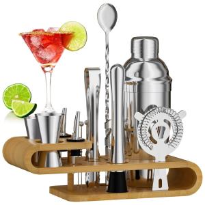 Kit Bartender Profissional 15 Peças em Aço Inoxidável com Suporte de Bambu, Secila, Prata