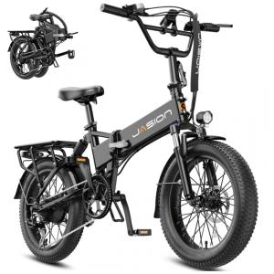 Bicicleta elétrica dobrável Jasion EB7 preto profundo, pneus 20x3, motor até 1200W, bateria 48V 10Ah, 7 marchas, suspensão dupla e voltagem