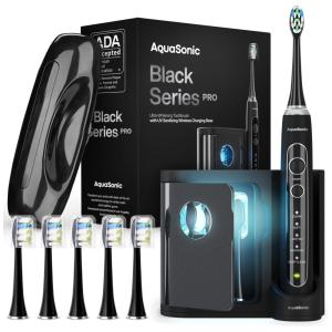 Escova Dental Elétrica Aquasonic Black Series PRO Preta, UV, 5 Modos, Timer Inteligente, 6 Refis, Base Sanitizante, Estojo, Recarregável