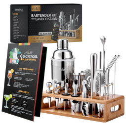 Mixology Kit Bn Profissional 25 Peças em Aço Inoxidável com Suporte e Livro de Receitas, TEAVAS, Prateado