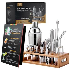 Mixology Kit Bn Profissional 25 Peças em Aço Inoxidável com Suporte e Livro de Receitas, TEAVAS, Prateado