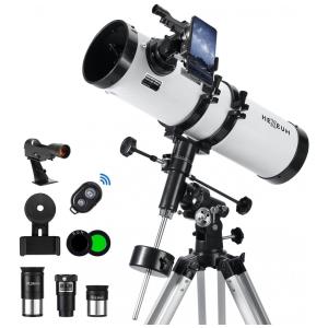 Telescópio Astronômico 26x100 com Adaptador de Telefone, Lente Barlow 2X e Filtro Lunar e Solar, HEXEUM 130EQ, Branco