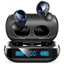 Fones de Ouvido Bluetooth com Estojo de Carregamento e 91H de Reprodução, HIYDOO, Preto
