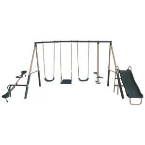 Conjunto de Balanços Metálico XDP Recreation Crestview Verde/Bege, 6 Estações com Escorregador 1,52 m, Capacidade 363 kg
