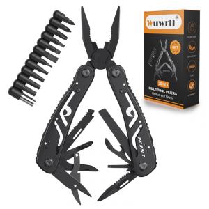 Alicate Multifuncional 26 em 1, Aço Inoxidável com Conjunto de 11 Bits, Wuwrll, Preto