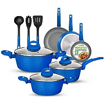 Conjunto de Panelas, Frigideiras Antiaderentes e Utensílios, 12 Peças, NutriChef NCCW12BLU, Azul