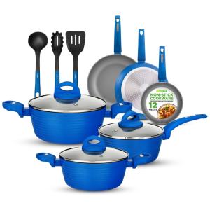 Conjunto de Panelas, Frigideiras Antiaderentes e Utensílios, 12 Peças, NutriChef NCCW12BLU, Azul