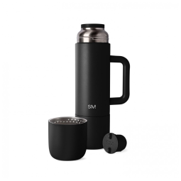 Garrafa Térmica para Bebidas Quentes 1L com 2 Canecas para Viagens e Piquenique, Simple Modern, Preta