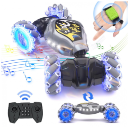 Carrinho de Controle Remoto e Sensor de Gestos 2.4Ghz 4WD com Música e Giratório 360 para Crianças de 6 a 12 Anos, Terucle, Cinza