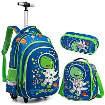 Mochila Escolar Infantil com Rodinhas 32cm IvyH Dinossauro 3 Peças com Lancheira para Meninos e Meninas, Azul