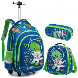 Mochila Escolar Infantil com Rodinhas 32cm IvyH Dinossauro 3 Peças com Lancheira para Meninos e Meninas, Azul