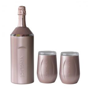 Porta Garrafa Térmico para Vinho é em Aço Inoxidável com 2 Copos, Cor Gold, VINGLACé, Rosa