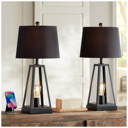 Kit 2 Luminárias de Mesa Vintage em Metal e Abajur de Tecido, FRANKLIN IRON WORKS, Preto