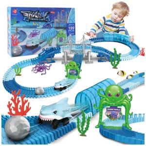 Kit de Pista de Corrida Flexível com 199 Peças, Inclui Tubarão, Para Crianças de 3 a 6 Anos, COOLFOX