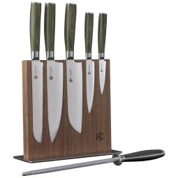 Conjunto de Facas 7 Peças com Bloco Magnético de Nogueira, HexClad, Verde