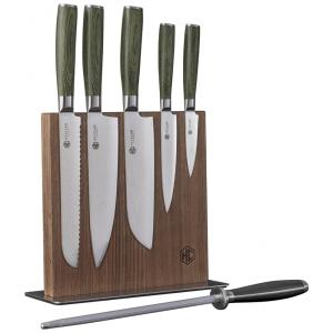 Conjunto de Facas 7 Peças com Bloco Magnético de Nogueira, HexClad, Verde