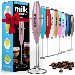 Espumador Elétrico de Leite em Aço Inoxidável a Bateria com Suporte, POWERLIX 111, Rosa