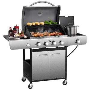 Churrasqueira a Gás 42000 BTU com 4 Queimadores, Mesa Auxiliar Lateral, Aço Inoxidável, R.W.FLAME