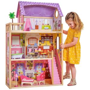 Casa de Bonecas de Madeira com 10 Acessórios 3 Andares 2 Quartos para Crianças a partir de 3 anos, KIDKRAFT 65092, Rosa chiclete