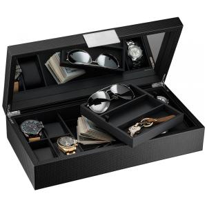Caixa, Estojo de Fibra de Carbono para Relógios com 14 Compartimentos, Glenor Co, Preto