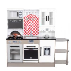 Cozinha Infantil em Madeira com Cortinas, Cafeteira, Prateleira de Armazenamento, Fogão, Pia, Utensílios, Luz e Som, Brinjoy, Cinza