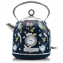 Chaleira Elétrica Laura Ashley 1,7L Inox Azul Marinho com Estampa Floral Elveden, Termômetro Externo, Filtro Removível