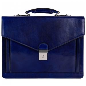 Bolsa Carteiro Masculina de Couro Artesanal Italiano para Laptop com 15 Polegadas e Fecho em Zíper, Time Resistance, Azul