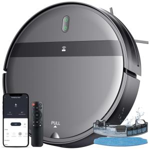 Aspirador Robô e Esfregão com Controle por APP, Alexa, Sucção Potente e Recarga Automática, 110V, MANVINS, Preto