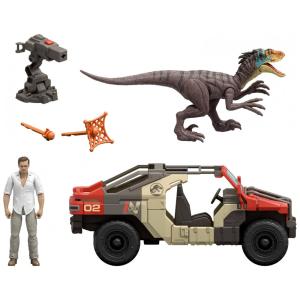 Caminhão Mattel Jurassic World Rebirth Launch ’N Battle com figura Martin Krebs e Velociraptor