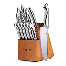 Conjunto de Facas de Cozinha EWFEN 14 Peças Prata com Cabo Curvo e Afiador Integrado