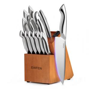 Conjunto de Facas de Cozinha EWFEN 14 Peças Prata com Cabo Curvo e Afiador Integrado