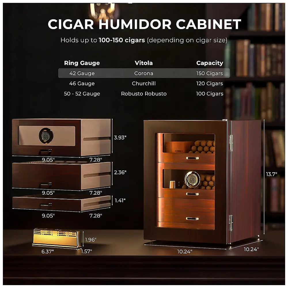 Humidor para Charutos CINOROW com LED Ajustável 3 Gavetas Cedro Espanhol 100-150 Charutos — foto 2
