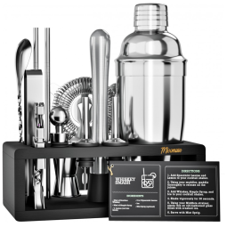 Kit Bartender Profissional 15 Peças em Aço Inoxidável com Suporte, MixMate, Prata