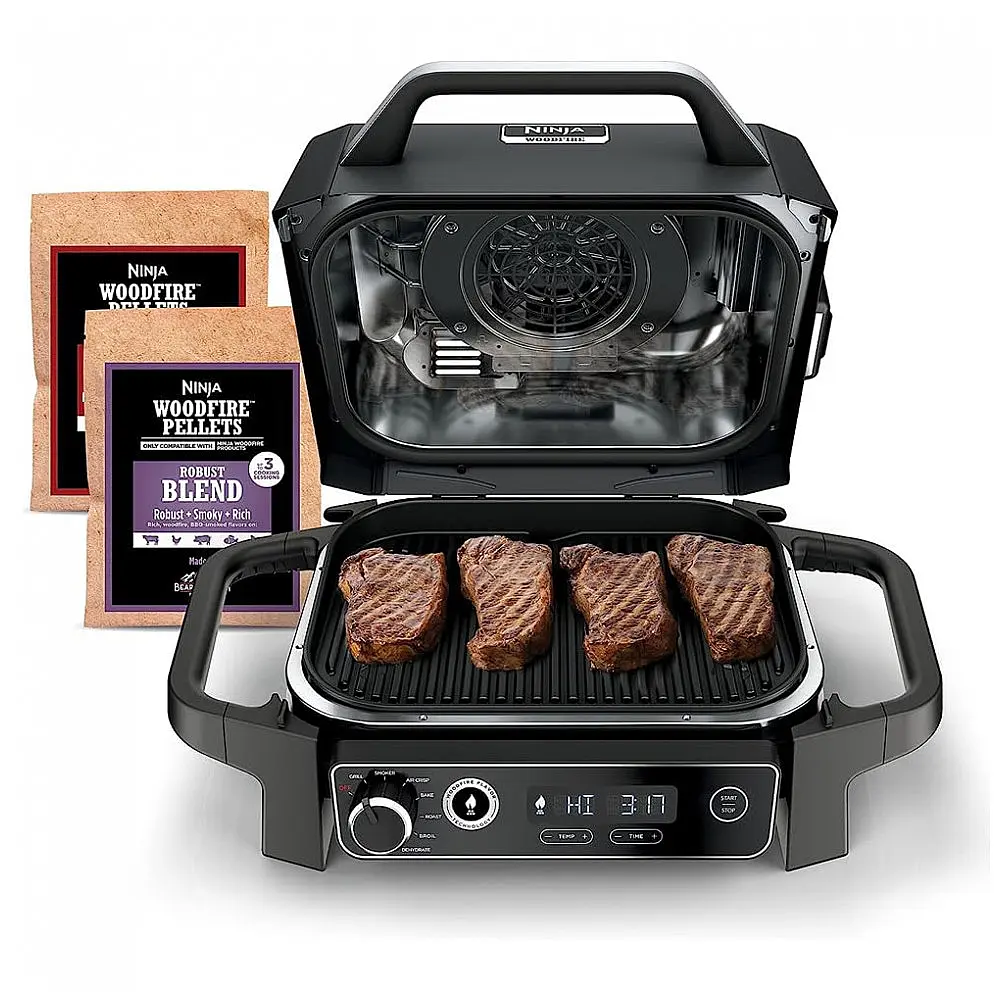 Ninja OG701 Churrasqueira Woodfire 7 em 1 - Air Fryer, Assar, Grelhar e Defumar com Pellets de Madeira, Portátil e Elétrica, Cinza