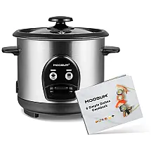 Panela de Arroz Elétrica 0,6 Litros em Aço Inoxidável com Cesto Antiaderente, 110V, MOOSUM, Prata e Preta