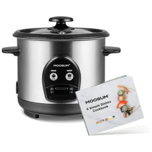 Panela de Arroz Elétrica 0,6 Litros em Aço Inoxidável com Cesto Antiaderente, 110V, MOOSUM, Prata e Preta