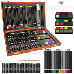 Kit Lápis de Cor Profissional 101 USA com Maleta de Madeira peças Tintas Acrílicas, Aquarela, US ART SUPPLY 82 SET, Marrom