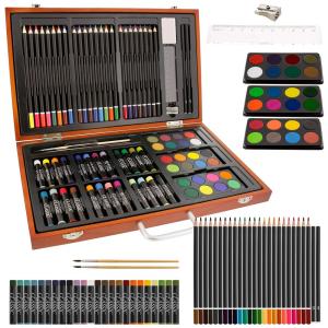 Kit Lápis de Cor Profissional 101 USA com Maleta de Madeira peças Tintas Acrílicas, Aquarela, US ART SUPPLY 82 SET, Marrom